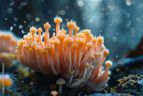 A microscopic view of a tropical mushroom, its spores becoming a bustling city for minuscule forest