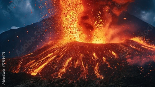 Burning hot lava splashing in volcano crater in overcast evening