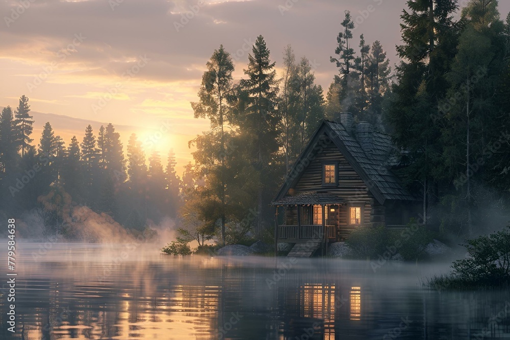 AI generated illustration of a house near water on a foggy morning, its windows illuminated AI generated illustration of a house near water on a foggy morning, its windows illuminated