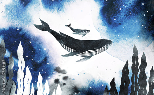 Watercolor humpback whale with baby. Vector silhouette of a big whales and sea plants under the sea. Marine underwater life. All elements, textures are individual objects