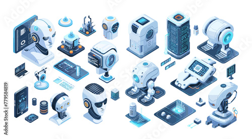 Artificial intelligence isometric vector set. Synthetic mind consciousness big data servers storage robotic equipment color isolated concepts