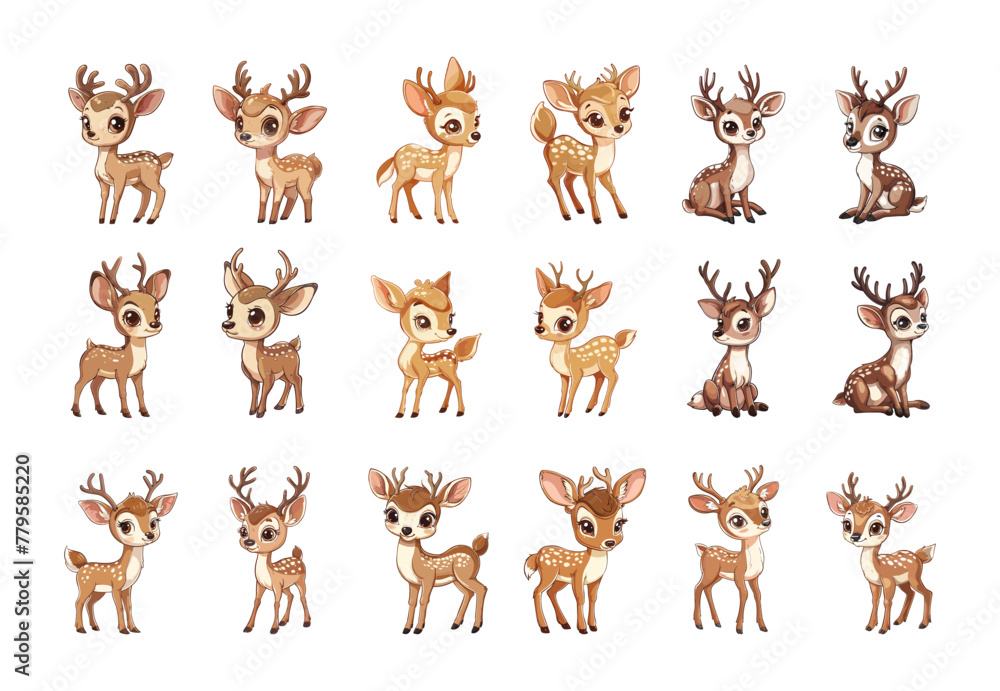 Baby deer cartoon vector set. Cute big eyes horns spotted artiodactyla animal forest herbivorous creature cute little different angles character, illustrations isolated on white background Baby deer cartoon vector set. Cute big eyes horns spotted artiodactyla animal forest herbivorous creature cute little different angles character, illustrations isolated on white background