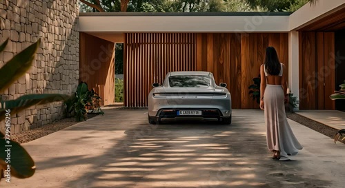 An elegant woman in a white dress walks towards the Porsche, a wooden slatted gate in front of the car photo