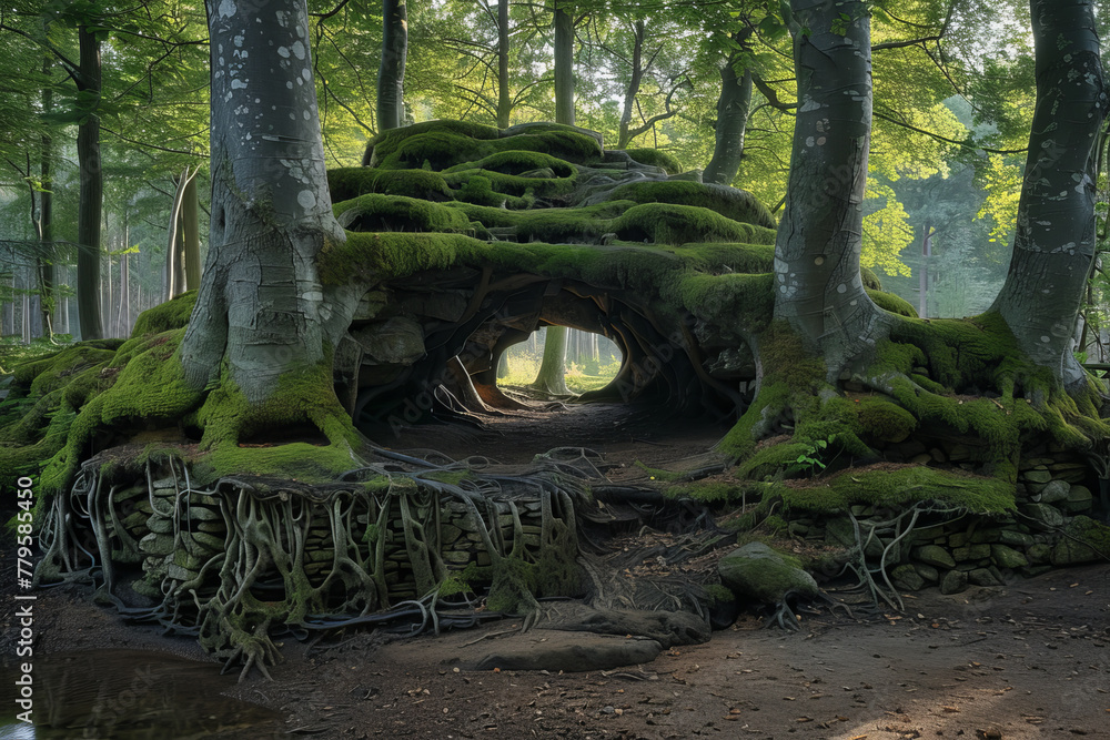 A tree whose roots extend above ground, forming natural shelters and intricate mazes for forest dwel A tree whose roots extend above ground, forming natural shelters and intricate mazes for forest dwel