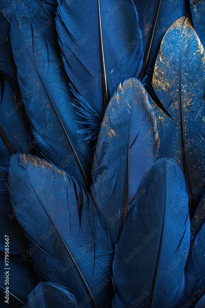 Obraz premium Detailed macro shot of a cluster of navy blue feathers up close, showing intricate details and textures