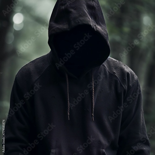 Black hooded figure standing in front of a lush forest of trees, AI-generated.