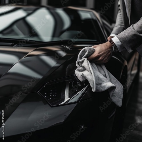 Man wiping down a shiny sleek car with a cloth, AI-generated.