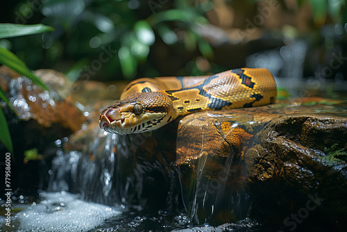 A boa constrictor with a body of flowing water, hydrating the rainforest with each slithering moveme