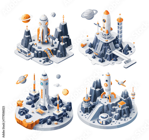 Interplanetary rocket launch isometric vector set. Space base carrier shuttle launch rocks stones asteroid planet surface elements concepts isolated on white background