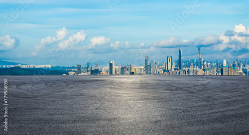 Asphalt road square and city skyline with modern buildings scenery in Shenzhen. panoramic view.