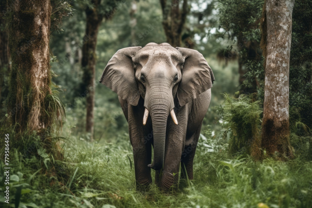 Fototapeta premium photograph of A gray elephant stands calmly amidst the lush green forest.
