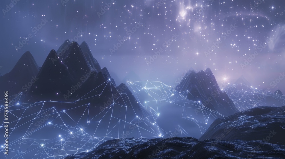 Misty mountains under a galaxy-inspired color scheme, brought to life by futuristic glowing technology lines - obrazy, fototapety, plakaty 