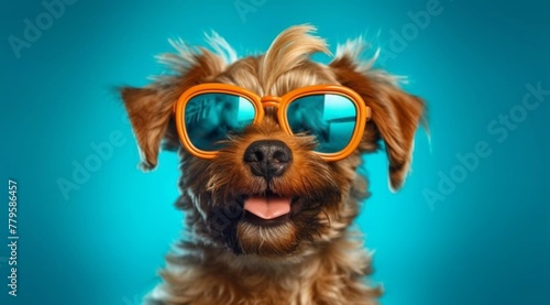 AI-generated illustration of a small brown dog wearing orange sunglasses © Wirestock