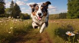 AI-generated illustration of an Australian Shepherd jumping in a lush field with white flowers