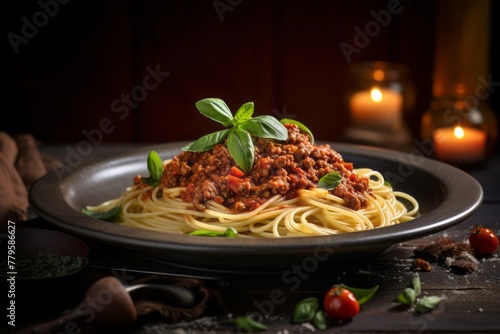 Juicy spaghetti bolognese on a rustic plate against a galvanized steel background