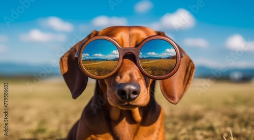 AI-generated illustration of a Dachshund wearing circular sunglasses while standing in a field © Wirestock
