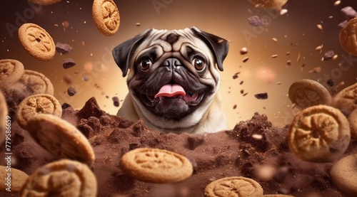 AI-generated illustration of an adorable, goofy pug surrounded by cookies