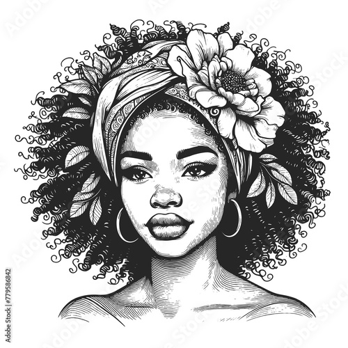 serene young woman adorned floral headdress, grace and natural beauty sketch engraving generative ai fictional character raster illustration. Scratch board imitation. Black and white image.