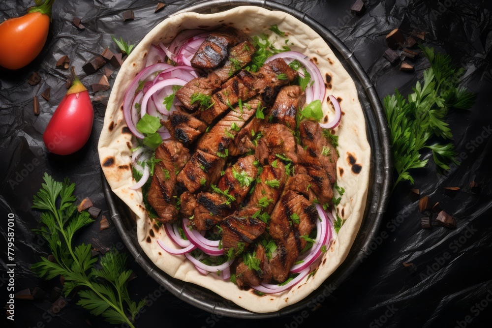 Delicious doner kebab in a clay dish against a galvanized steel background