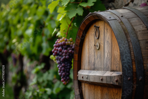 grapes hang from a wooden barrel on top of an outside tree