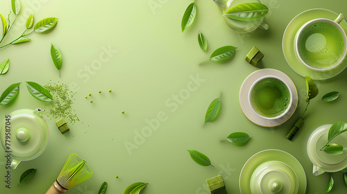 Flatlay in green tones of matcha tea with a huge copy space as background 