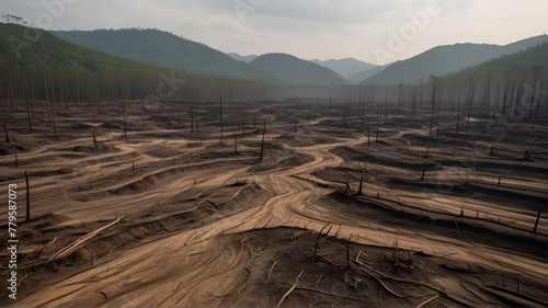 A stark landscape devastated by deforestation, with barren hillsides and eroded soil illustrating the consequences of unsustainable logging practices photo
