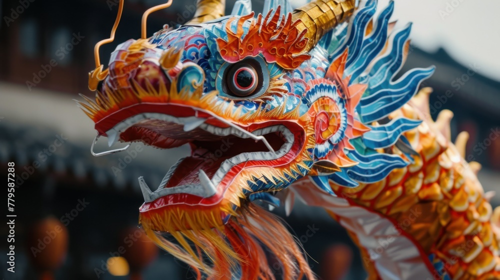 Closeup of a gold dragon statue with red and green details and white sharp teeth at a temple with gold details Closeup of a gold dragon statue with red and green details and white sharp teeth at a temple with gold details