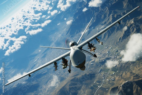 an air force plane flying through the sky over a mountain range