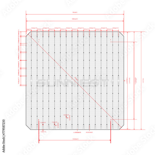 Monocrystalline Solar Cell Topcon 182 16BB Photovoltaic Line Drawing with dimensions
