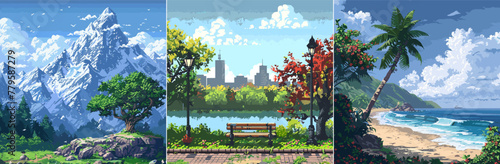 Landscape cityscape pixel art vector concepts. Summer ocean beach 8 bit city park tree grass mountain valley arcade game pixelation level screens illustrations photo