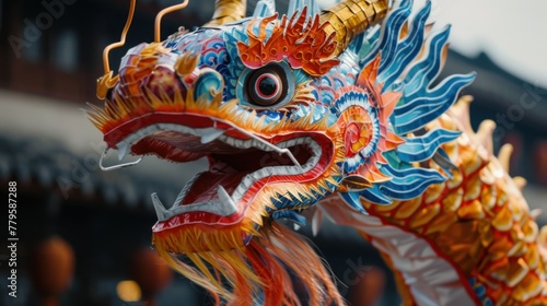 Closeup of a gold dragon statue with red and green details and white sharp teeth at a temple with gold details