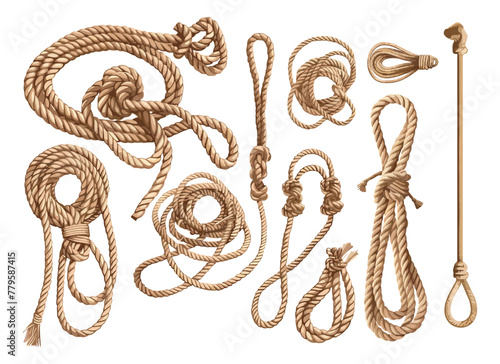 Lasso rope cartoon vector set. loop knot hunting immobilization target cowboy accessory cable illustrations isolated on white background