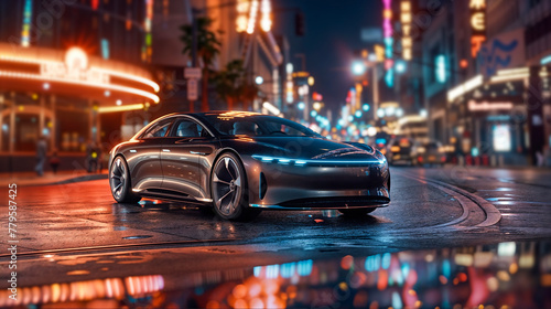 Modern Electric Car in the City Night - AI generated digital art © Wirestock