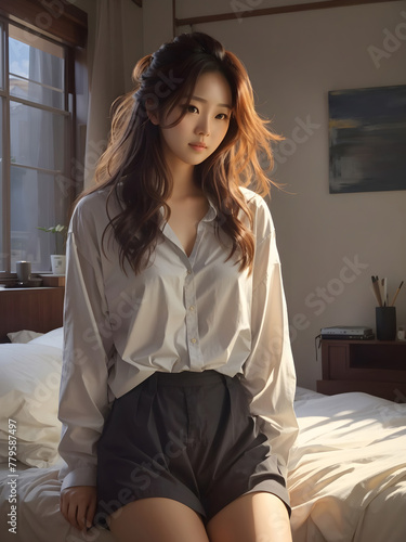 Beautiful Korean woman in anime style is sitting at her bed. © Big