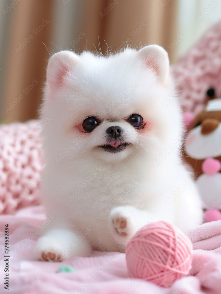 Cute Pomeranian puppy sitting on the sofa in the room. AI.