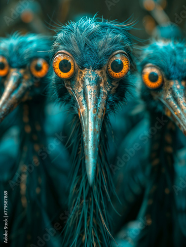 AI generated illustration of a close-up of birds with striking yellow eyes and feathers © Wirestock