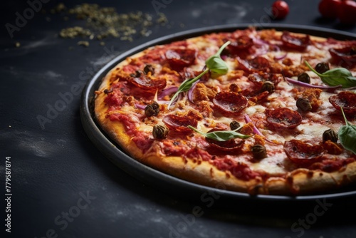Refined pizza on a slate plate against a galvanized steel background