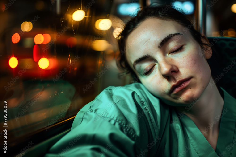 a woman is sleeping while sitting on a bus at night a woman is sleeping while sitting on a bus at night