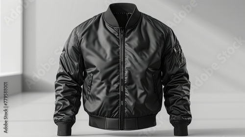 Stylish black leather bomber jacket on display photo