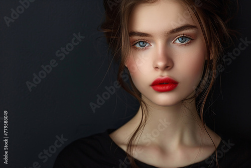 Portrait of a beautiful young woman with red lips on dark background. AI.