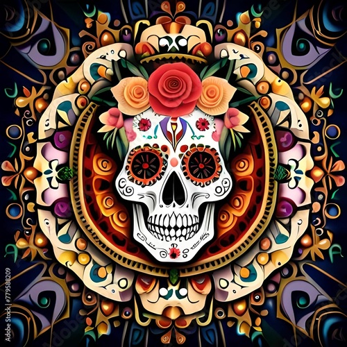 AI generated illustration of a traditional Day of the Dead skull surrounded by colorful flowers