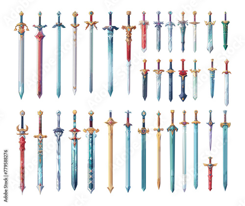 Magic swords cartoon vector set. Mystery mythical bladed fantasy cold fence weapons art game development graphics illustrations isolated on white background