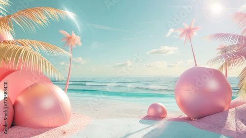 An abstract beach scene with geometric forms in summer. 3D rendering.