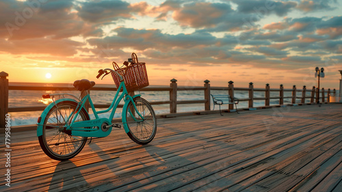 A turquoise bicycle with a basket parked on a wooden pier at sunset