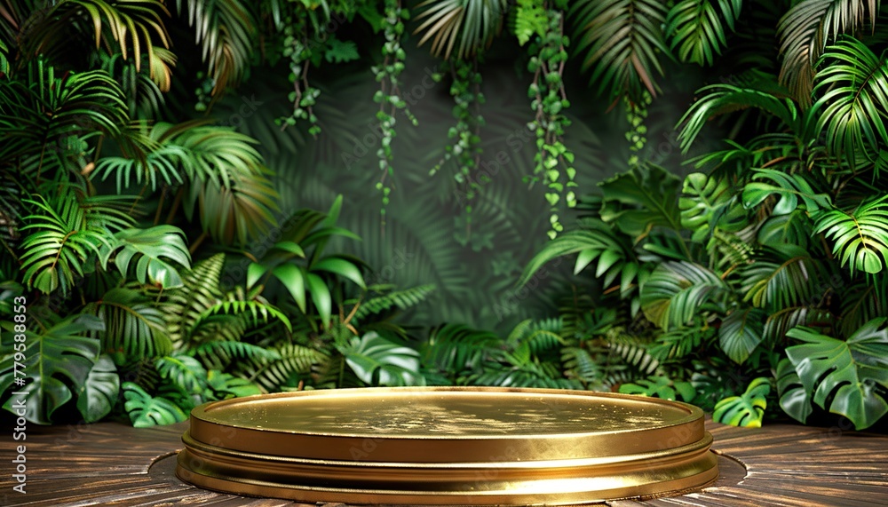 Gold podium in tropical forest for product presentation. Gold podium in tropical forest for product presentation.