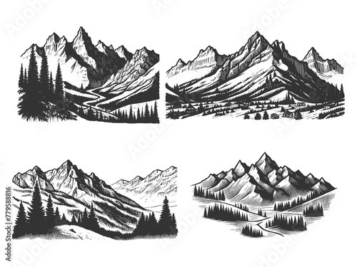 set of engraved various mountain landscapes with majestic peaks and evergreen forests sketch engraving generative ai raster illustration. Scratch board imitation. Black and white image.