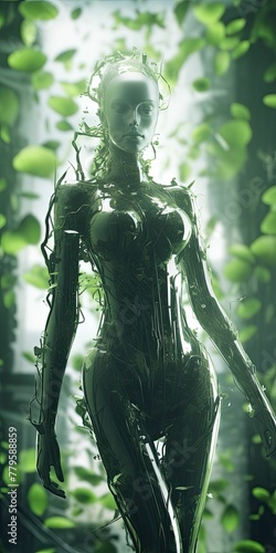 AI generated illustration of a beautiful female bionic human figure design with foliage photo