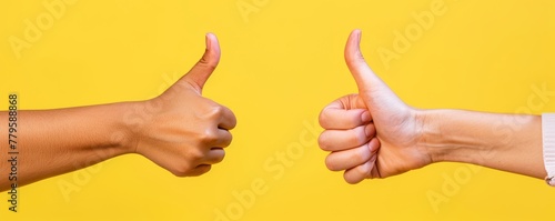 Two hands gesturing thumbs up against yellow background