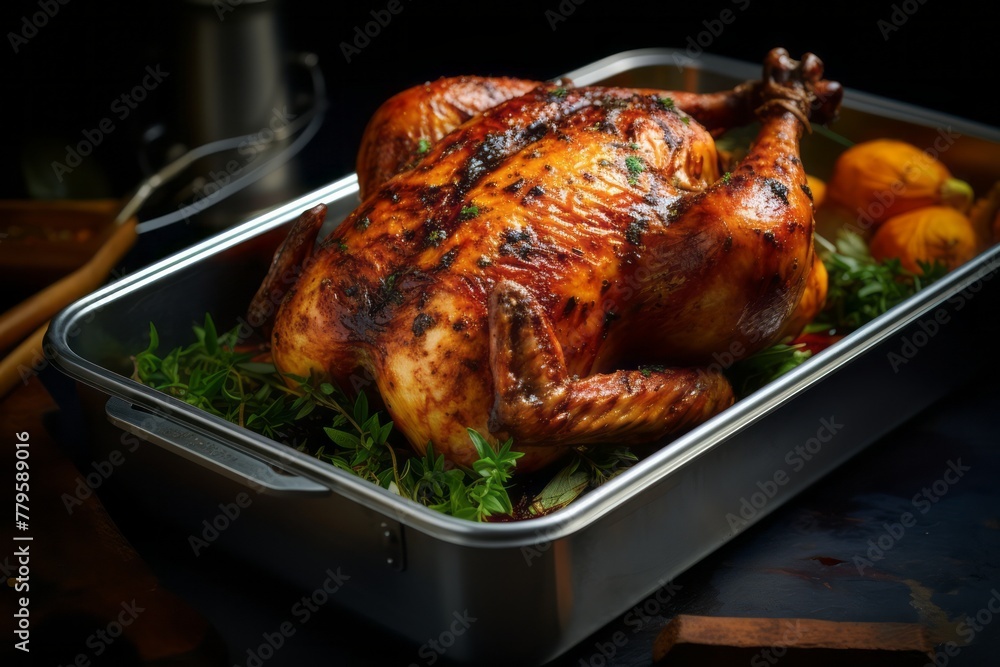 Refined roast chicken in a bento box against a galvanized steel background Refined roast chicken in a bento box against a galvanized steel background