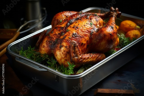 Refined roast chicken in a bento box against a galvanized steel background